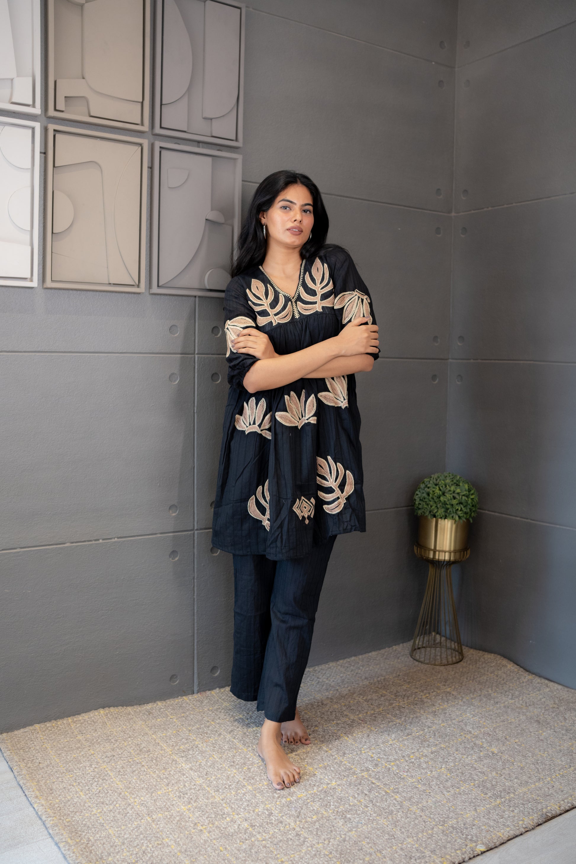 Maya Co-Ord Set – Beige & Gold Embroidered Mul Cotton by Tanauri