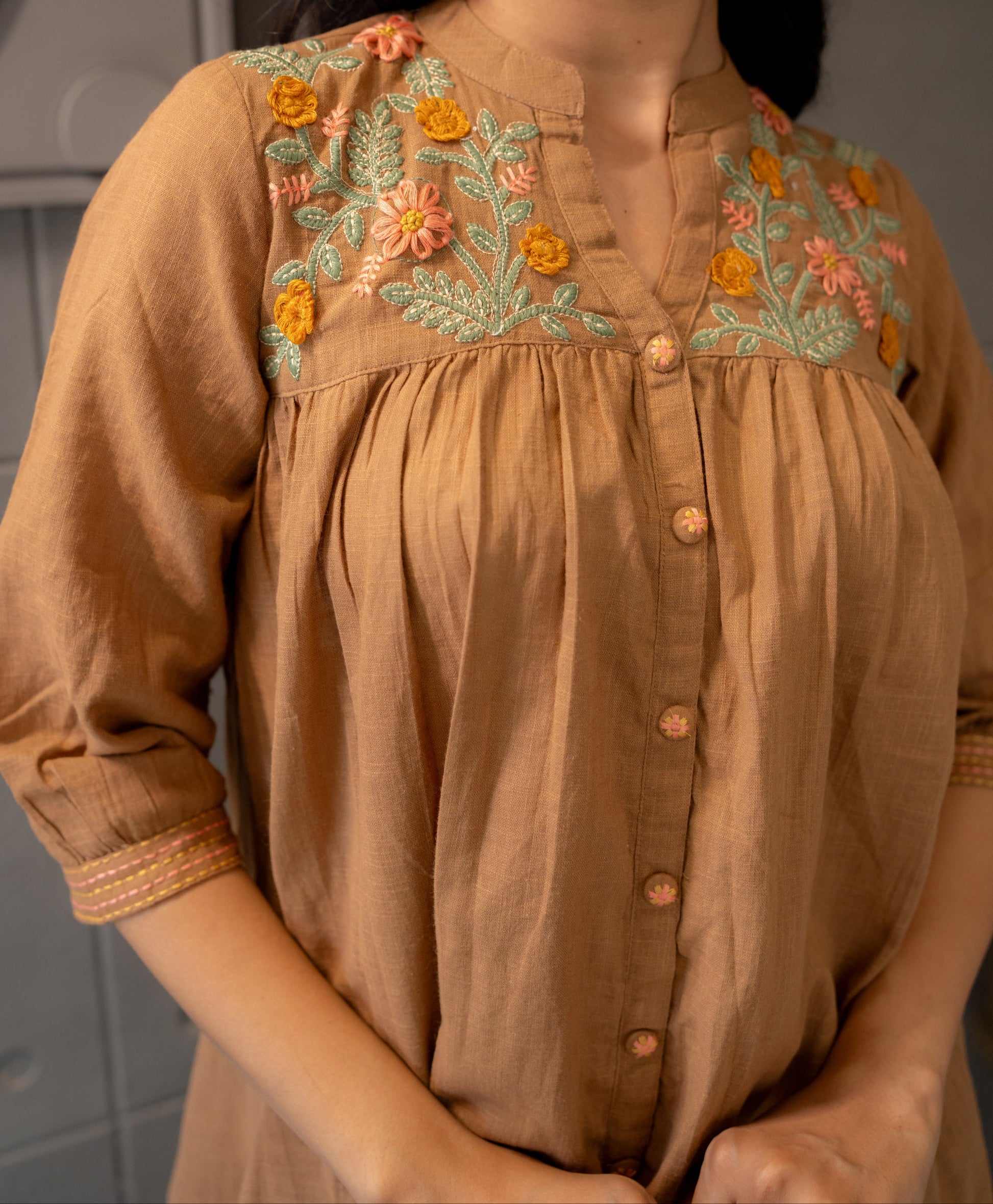 Brown Bliss Co-Ord Set – Floral Embroidered Mul Cotton by Tanauri