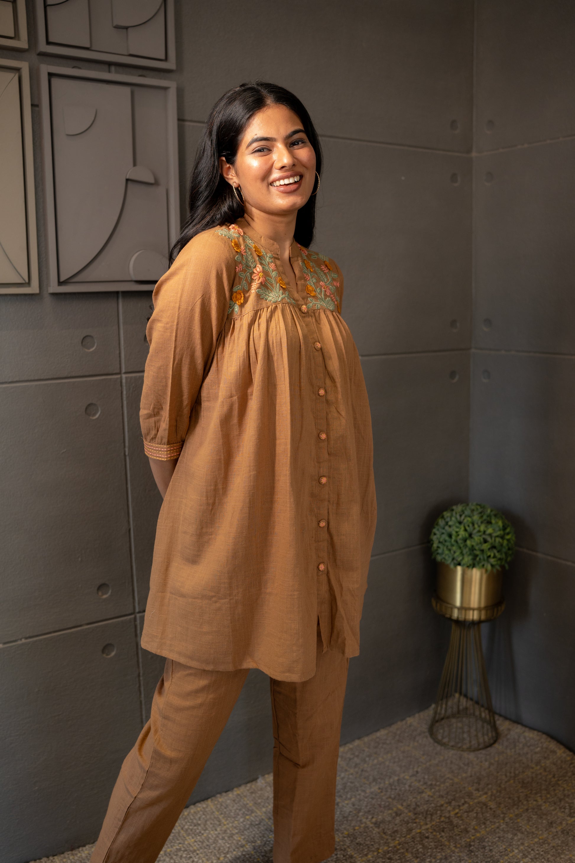 Brown Floral Embroidered Cotton Kurta Set for Women