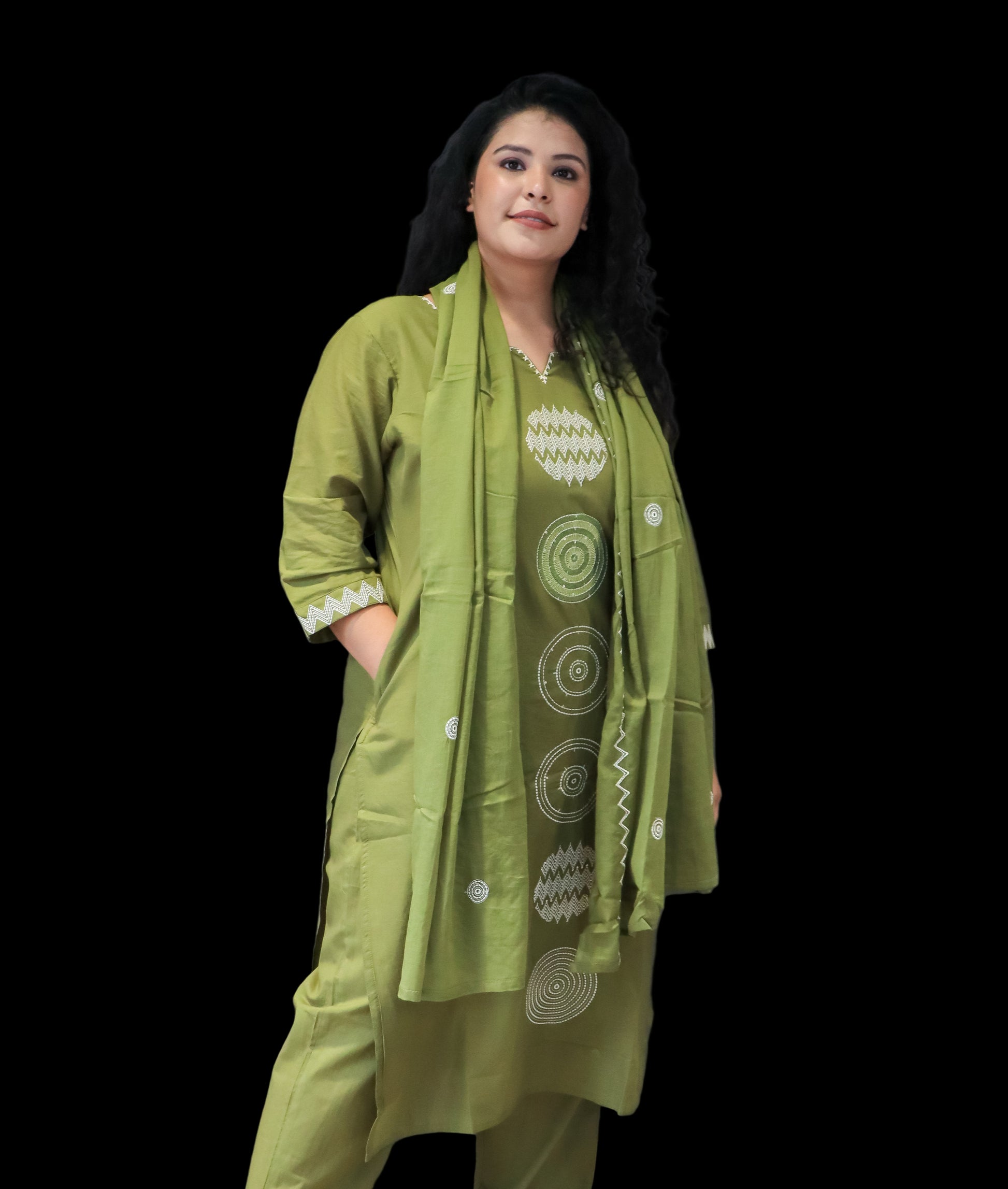 Olive green cotton dupatta with detailed embroidery – Tanauri Olivia Kurta Set.