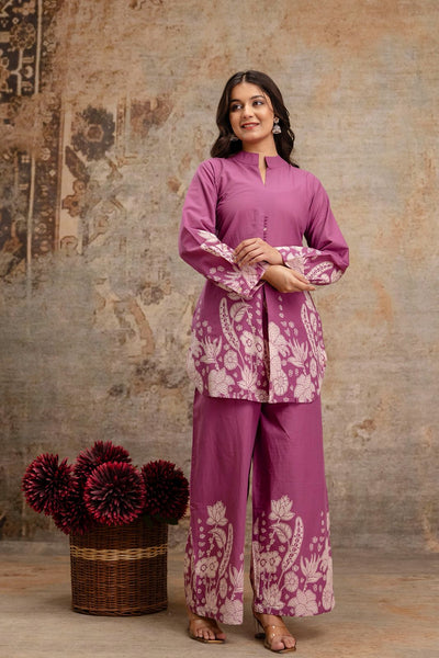 Onion Printed Co-Ord Set – Orchid Pink Floral Block Print Kurta & Pants