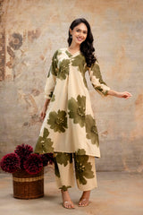 Green Bloom Comfy Kurta Set – olive floral printed A-line cotton-blend kurta with pants by Tanauri.