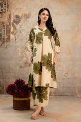 Soft cotton-blend fabric with olive floral print details – Tanauri Green Bloom Kurta Set