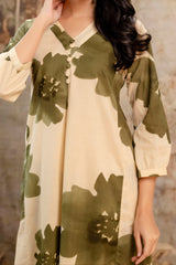 Tanauri Green Bloom Comfy Kurta Set – olive floral printed A-line kurta and pants for spring wear.