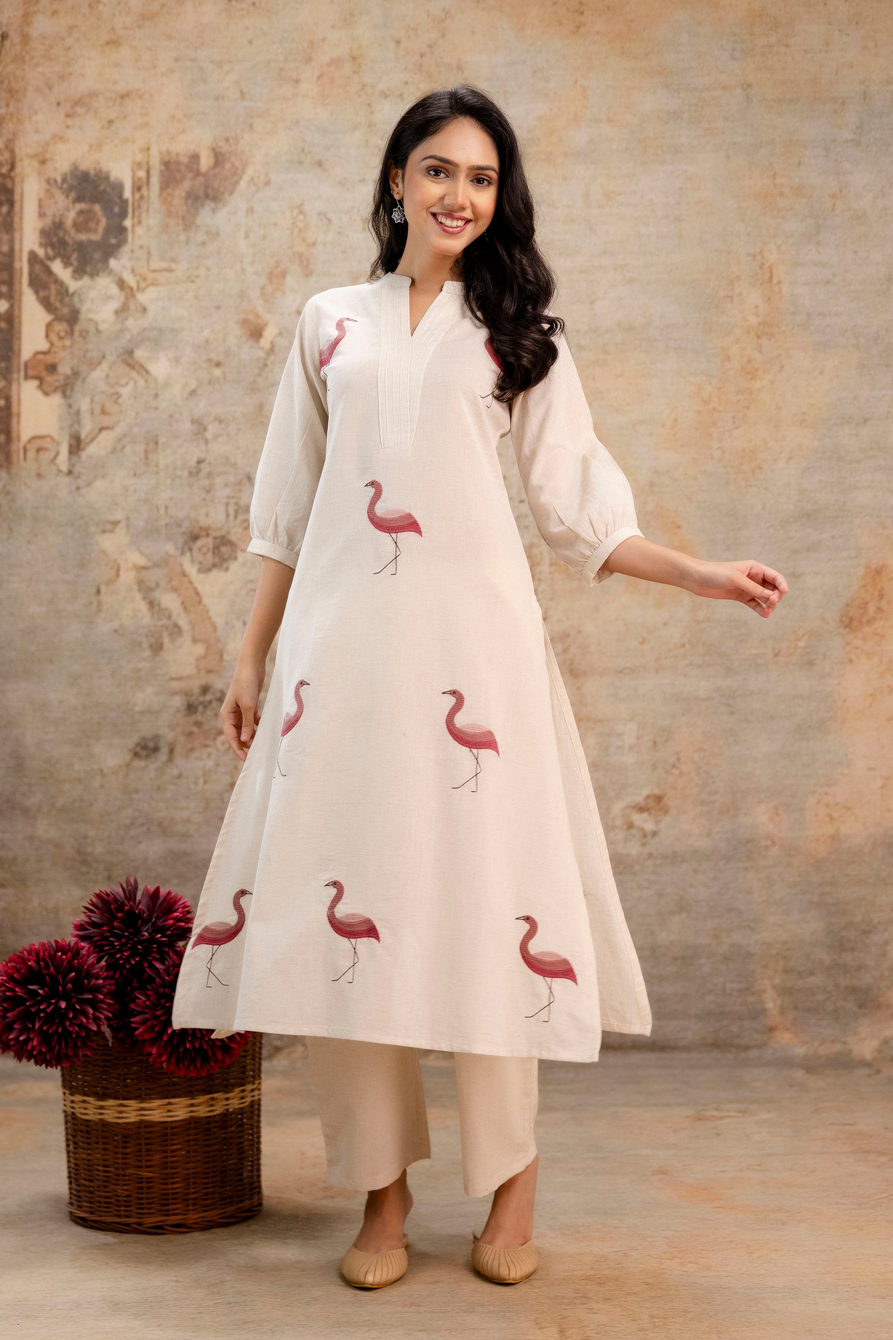 Crimson Flamingo Cotton Kurta Set – V-Neck Kurta with Straight Pants