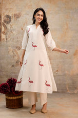 Crimson Flamingo Cotton Kurta Set – V-Neck Kurta with Straight Pants