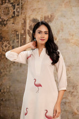 Tanauri Women’s Red Flamingo Print Kurta Set with 3/4 Sleeves