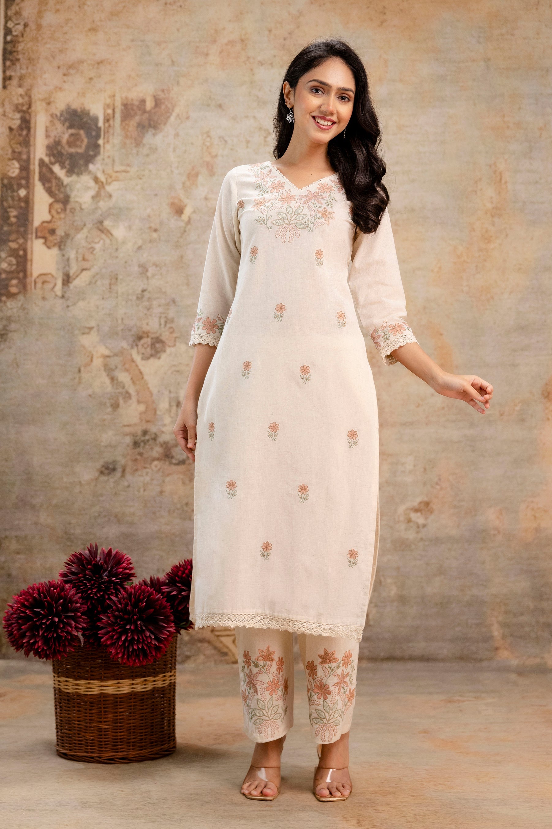 Cream cotton kurti set with floral embroidery by Tanauri – elegant ethnic wear