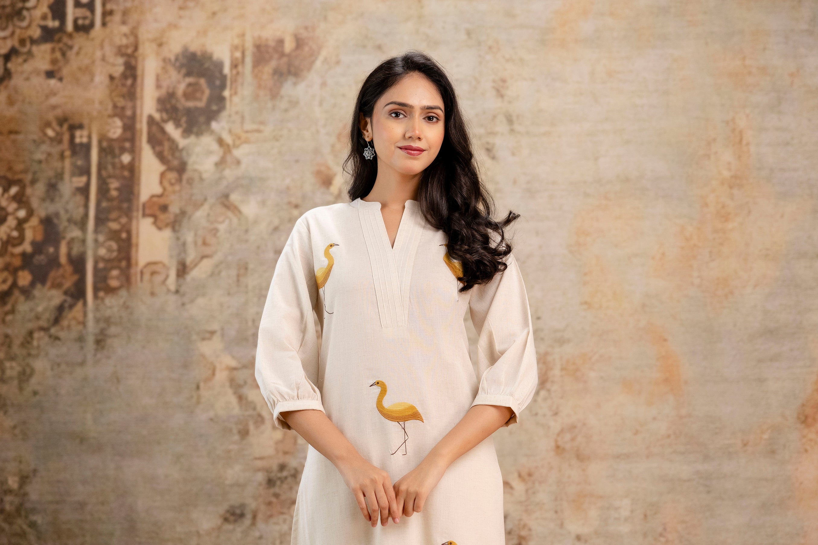 Breathable Cotton Kurta Set in Yellow with Flamingo Motif