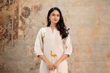Breathable Cotton Kurta Set in Yellow with Flamingo Motif
