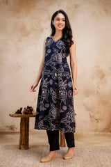 Tanauri Midnight Floral Kurta Set – sleeveless black cotton kurta with pants, artistic floral design.