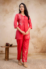 Soft Breathable Cotton Kurta Set with White Floral Motifs for Women