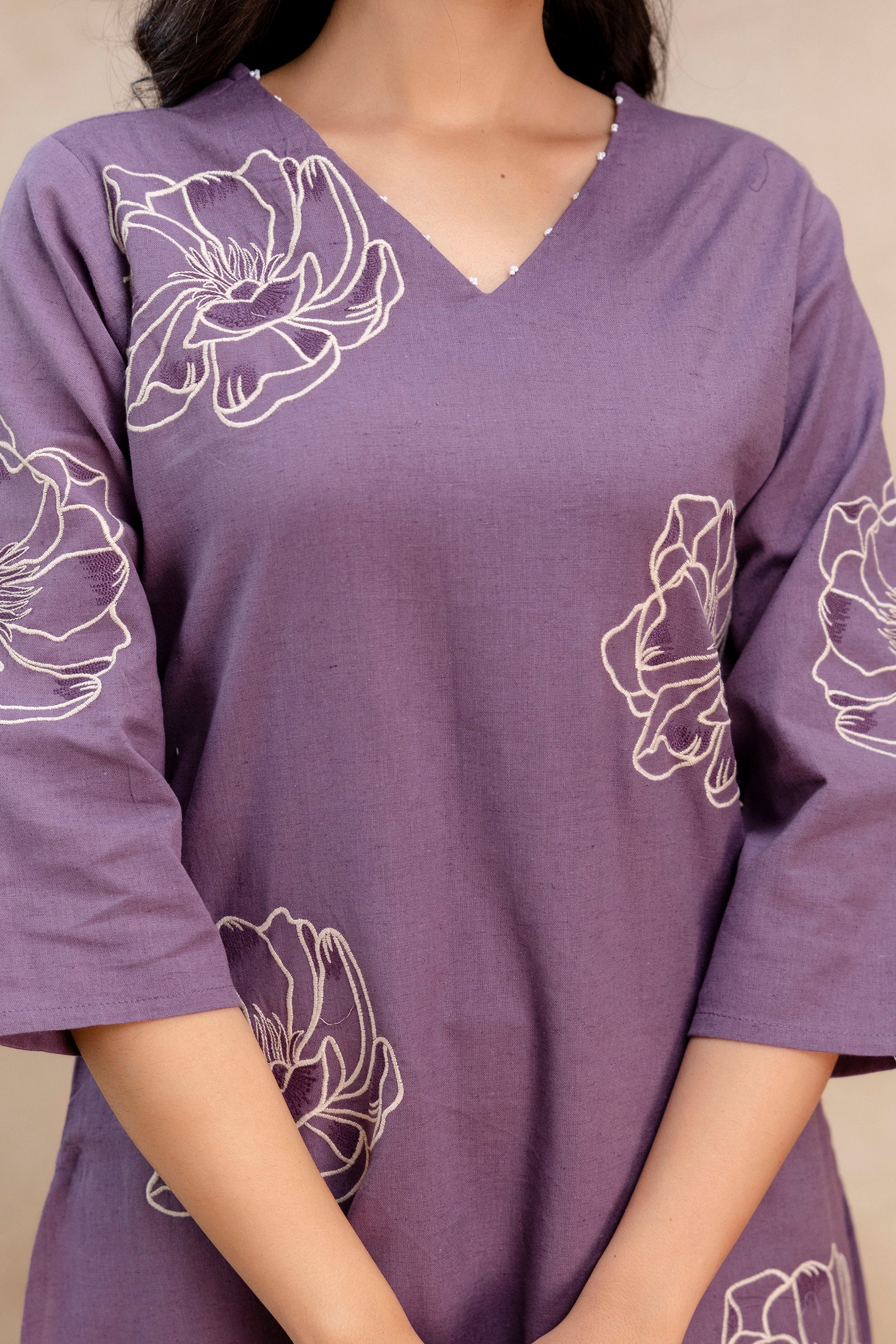 Tanauri Women’s Floral Cotton Kurta Set – Dusty Lavender 3/4 Sleeve Design