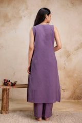 Tanauri Purple Embroidered Lotus Kurta Set – lavender A-line sleeveless kurta and straight pants in breathable cotton fabric.