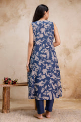 Breathable Sleeveless Navy Blue Floral Kurta Set for Casual & Festive Wear