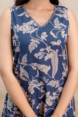 Tanauri Women’s Navy Blue Floral Sleeveless Cotton Kurta Set