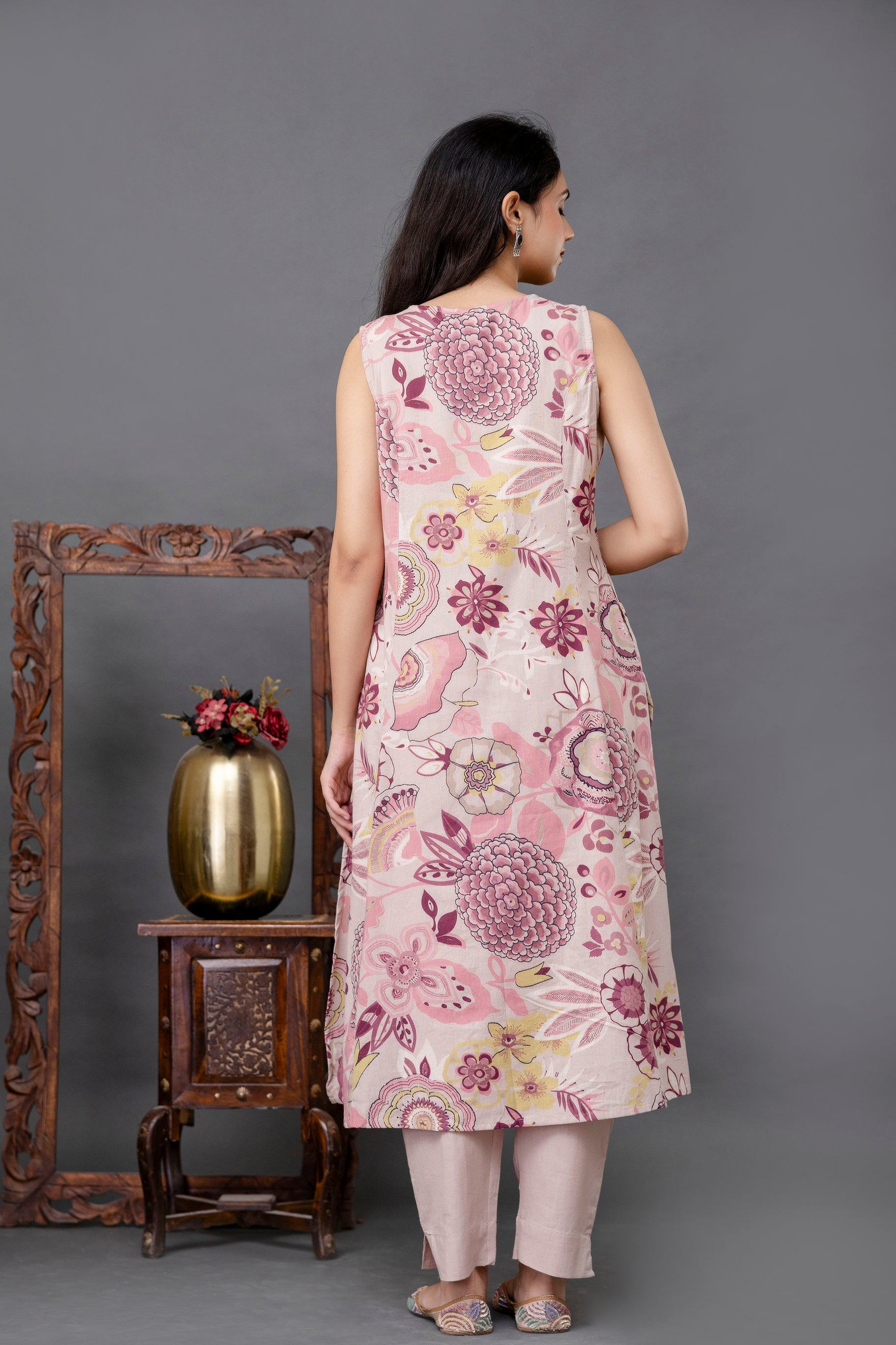 Mandala and floral print detail on breathable cotton-blend fabric – Tanauri Floral Fantasy A-line Kurta Set.