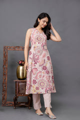 Sleeveless V-neck A-line cotton kurta with floral and mandala motifs – Floral Fantasy Set by Tanauri.