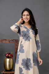 Back view of floral printed cotton-blend kurta set – handcrafted Gray Bloom Comfy Set by Tanauri.