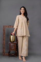 Beige cotton two-piece coord set designed for everyday elegance.