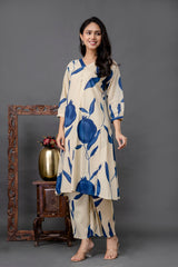 Beige kurta with bold navy blue pomegranate-style floral print