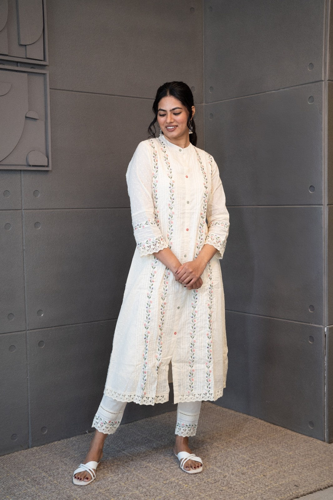 Moon Dew Dupatta Set by Tanauri: White cotton three-piece suit with embroidered round neckline and matching textured dupatta