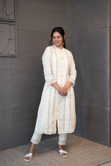 Moon Dew Dupatta Set by Tanauri: White cotton three-piece suit with embroidered round neckline and matching textured dupatta