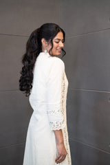 Tanauri Moon Dew Dupatta Set: Elegant white cotton ethnic wear set with embroidered kurti and matching dupatta. Perfect Indian casual outfit