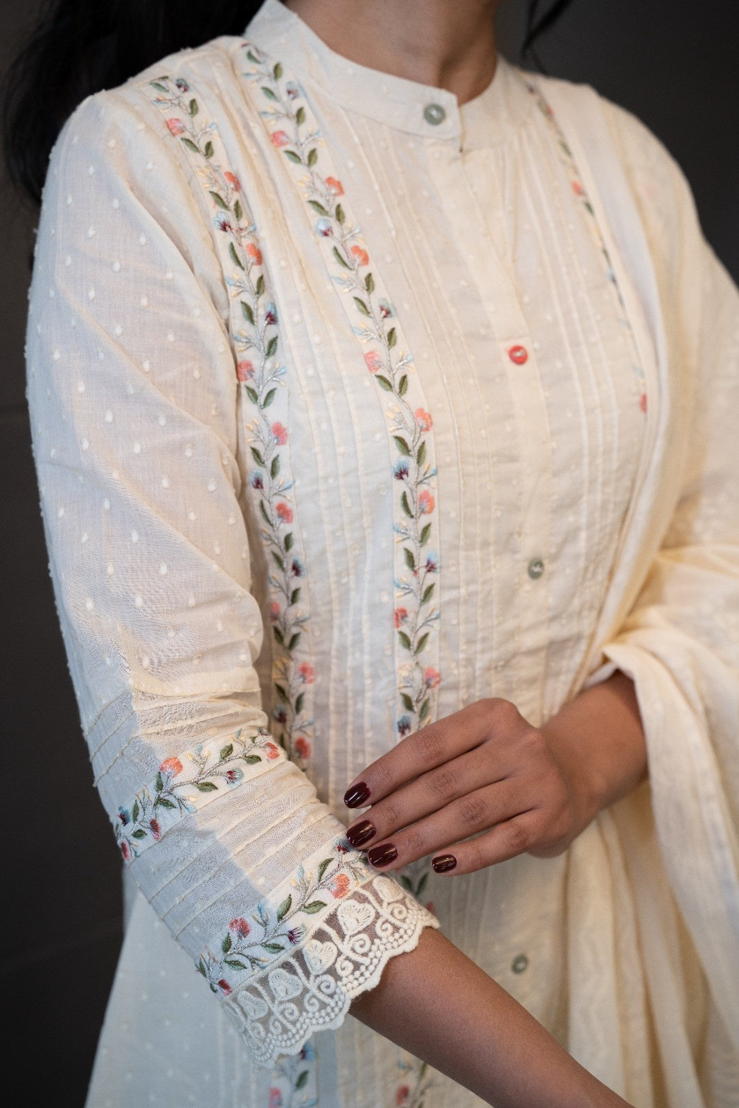 Moon Dew Dupatta Set by Tanauri: White cotton three-piece suit with embroidered round neckline and matching textured dupatta