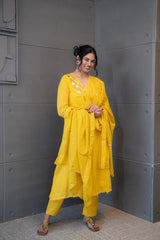 Tanauri Marigold Magic Dupatta Set: Elegant yellow cotton ethnic wear set with embroidered kurti and matching dupatta. Perfect Indian casual outfit.