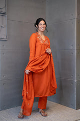 Embroidered ethnic dupatta set in soft orange-beige tones – Tanauri
