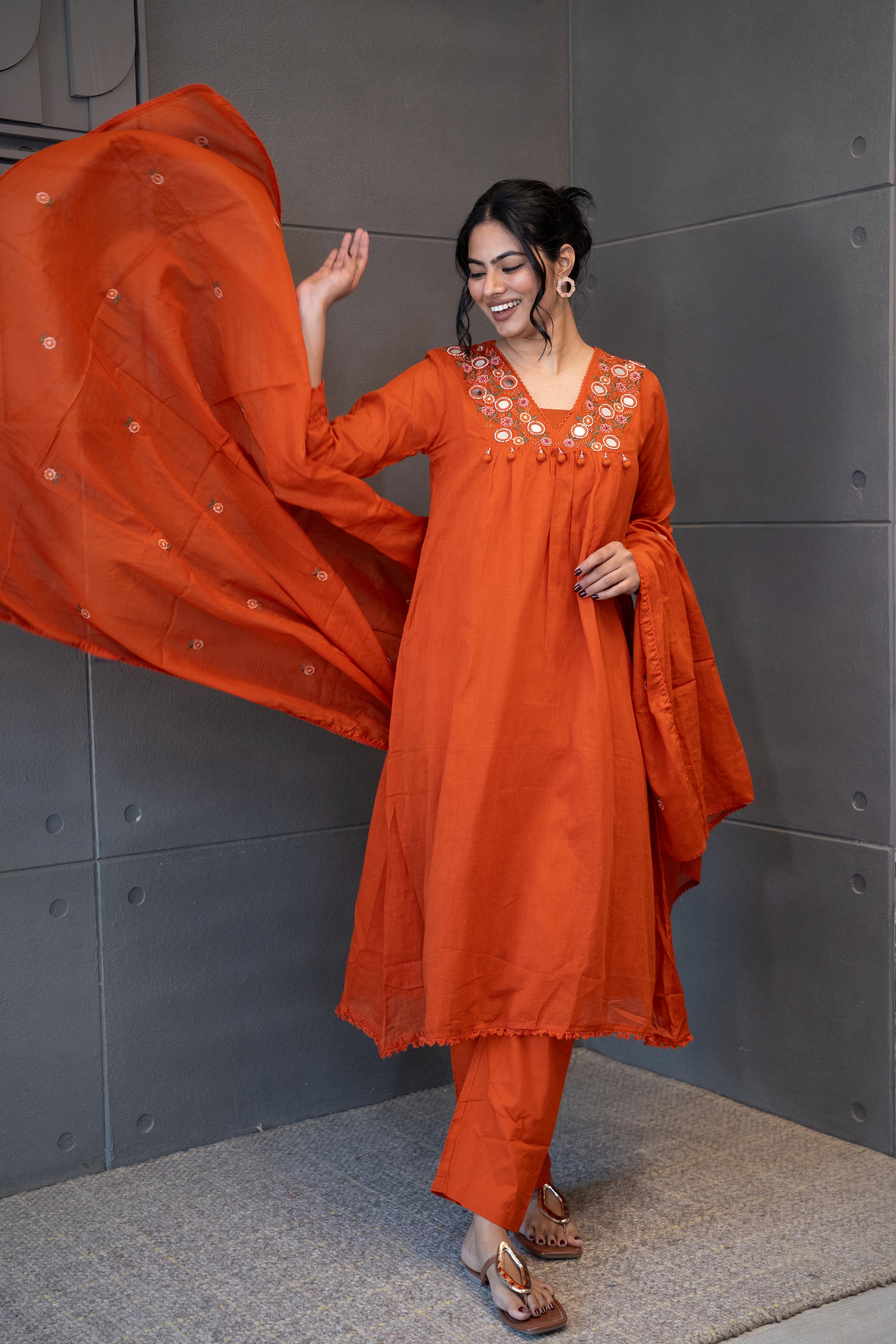 Orange Odyssey Dupatta Set with delicate floral embroidery by Tanauri