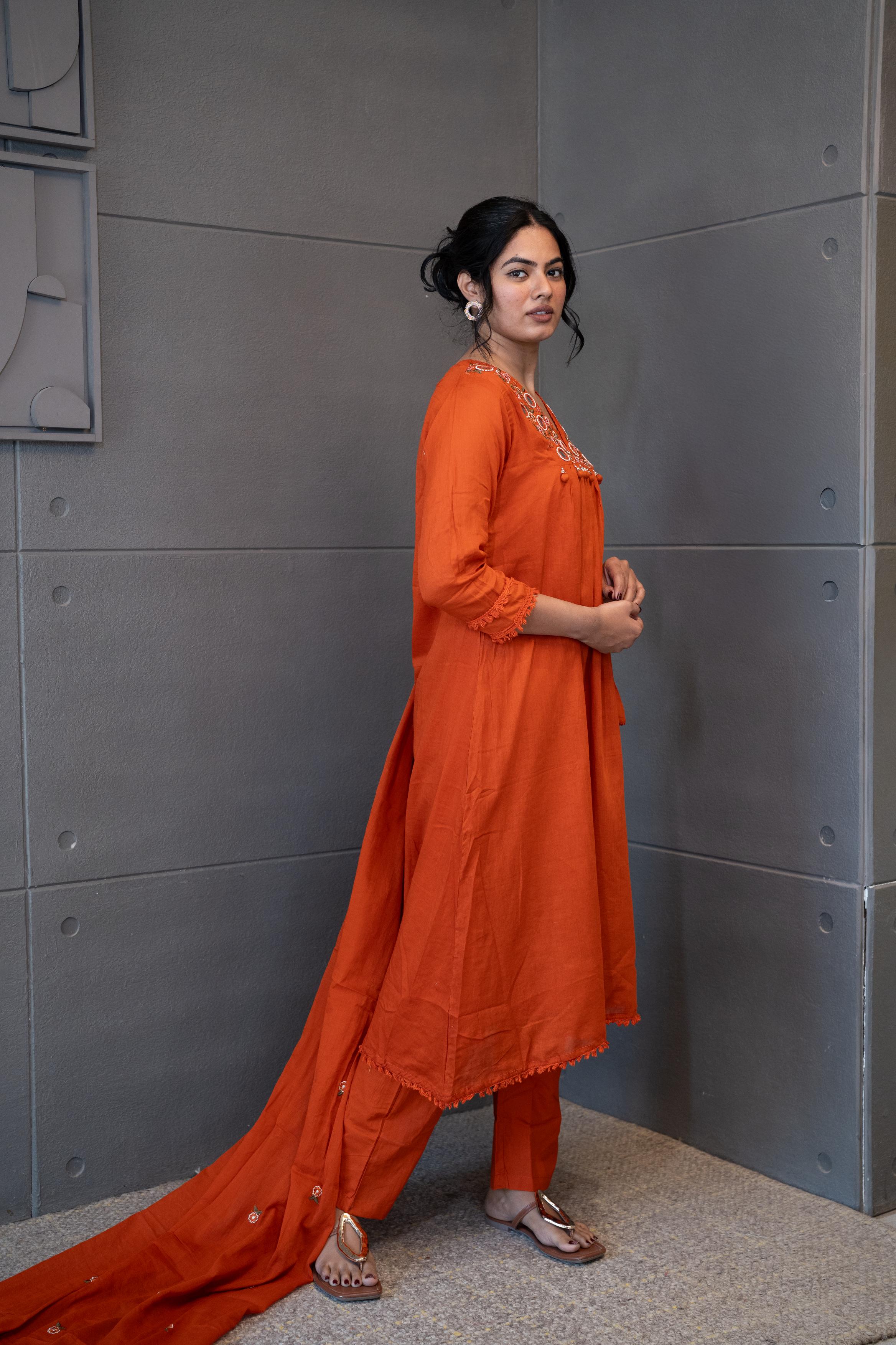 Embroidered ethnic dupatta set in soft orange-beige tones – Tanauri