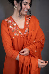 Orange Odyssey Dupatta Set with delicate floral embroidery by Tanauri