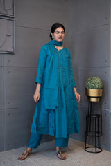 Blue Oasis Dupatta Set by Tanauri: Blue cotton three-piece suit with embroidered round neckline and matching textured dupatta.