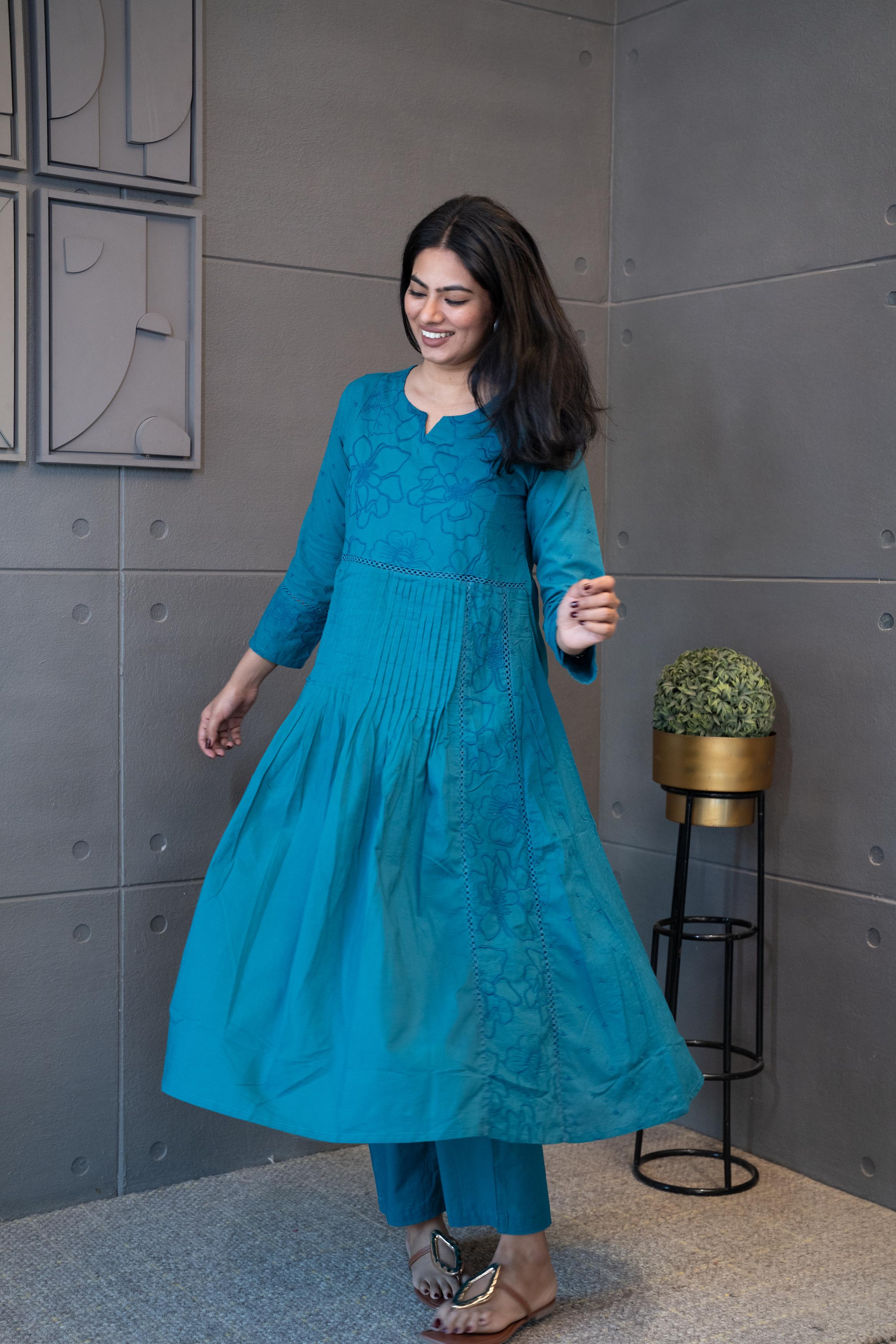 Tanauri Blue Oasis Dupatta Set: Elegant blue cotton ethnic wear set with embroidered kurti and matching dupatta. Perfect Indian casual outfit