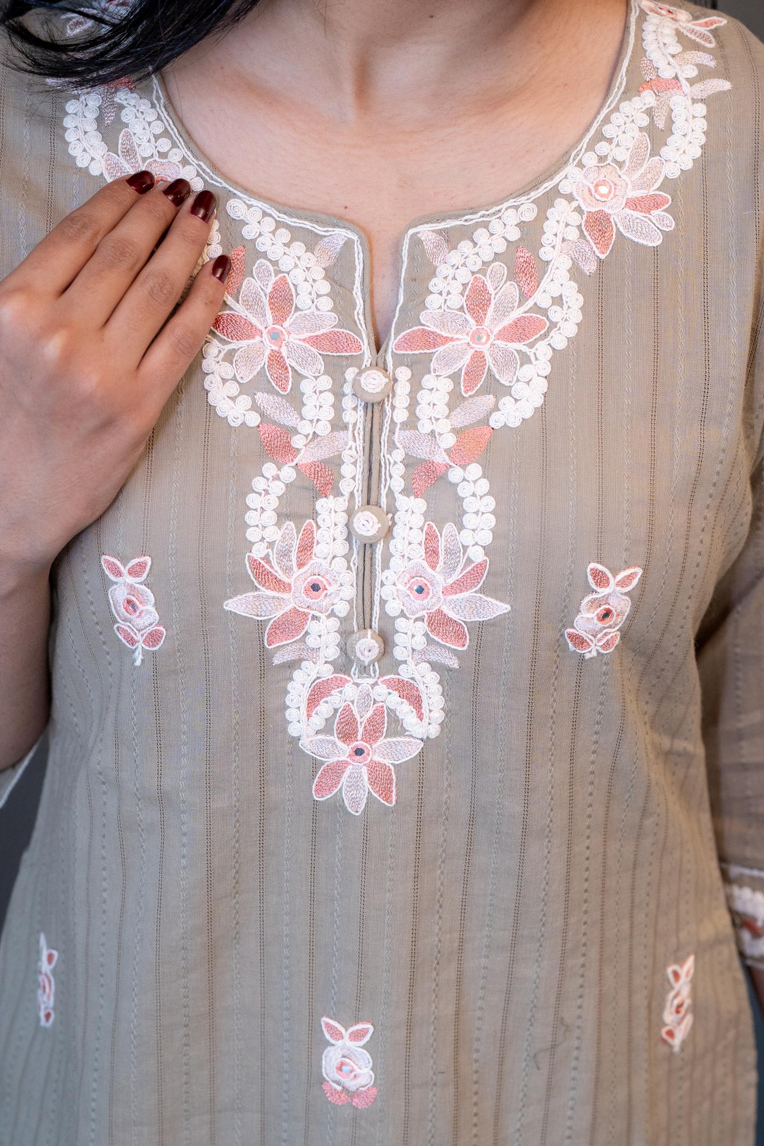 The Dusky Dupatta Set by Tanauri: Beige cotton kurti with delicate floral embroidery and matching textured dupatta.