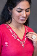 Noori Dupatta Set by Tanauri: Pink cotton three-piece suit with embroidered V-neckline and matching textured dupatta