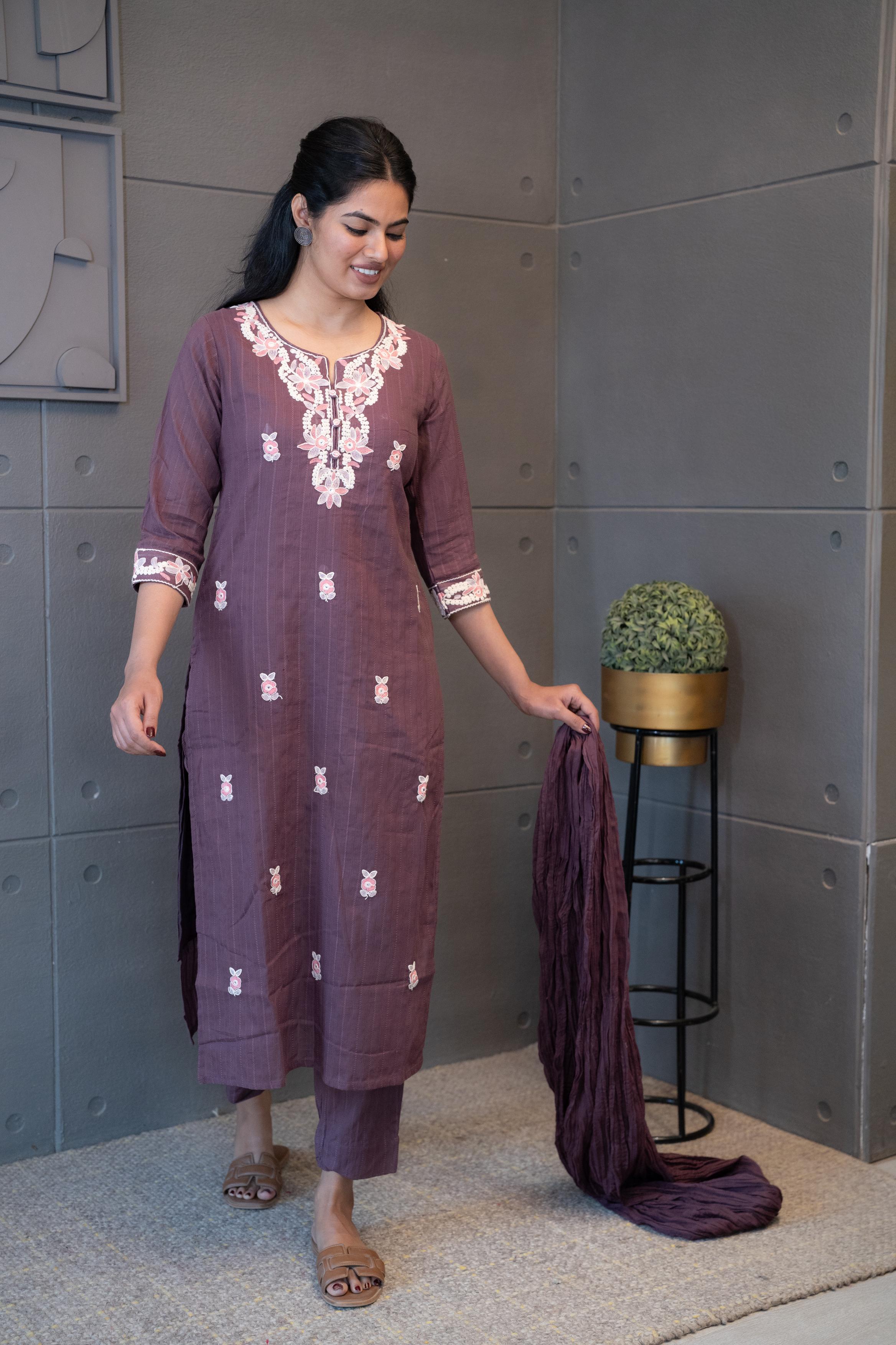 Premium mulberry-colored suit with peach & ivory embroidery