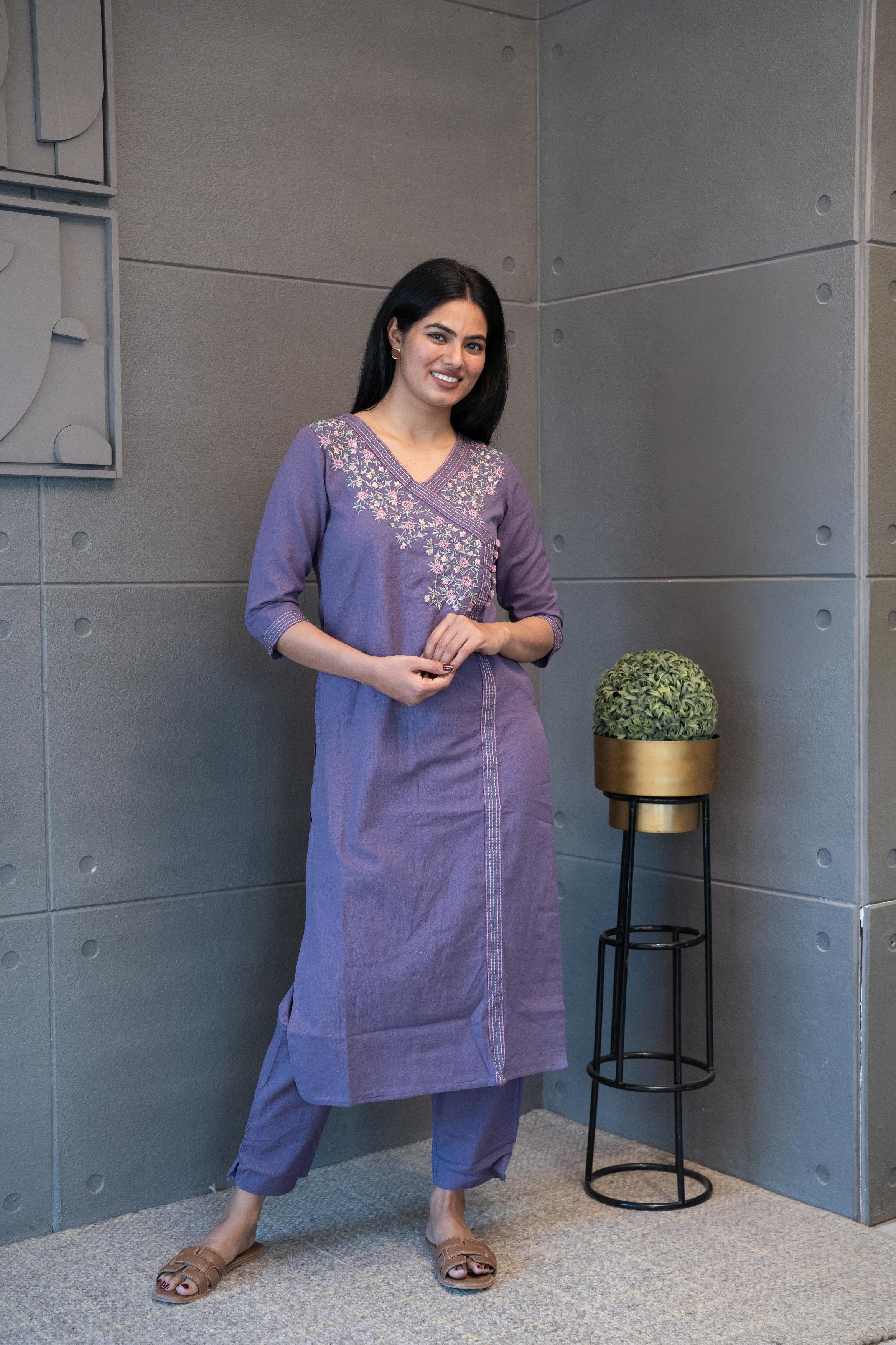 Tanauri Jamuni Kurta Set: Elegant purple cotton ethnic wear set with embroidered kurti. Perfect Indian casual outfit.