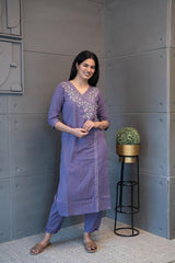 Tanauri Jamuni Kurta Set: Elegant purple cotton ethnic wear set with embroidered kurti. Perfect Indian casual outfit.