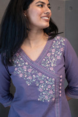 The Jamuni Kurta Set by Tanauri: Beige cotton two-piece suit with embroidered V-neckline and matching pant