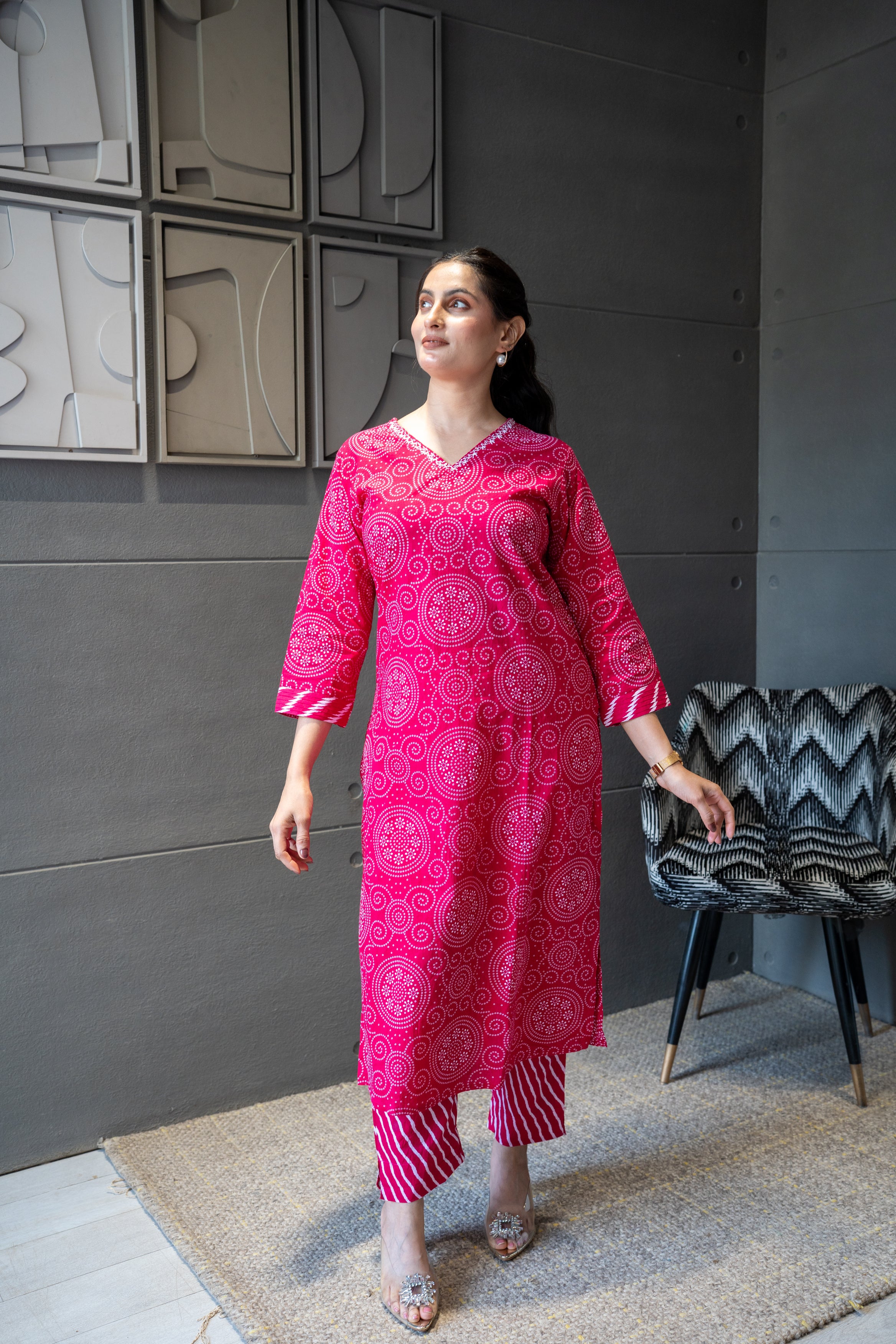 Pink Bandhej Rajasthani Kurta Set