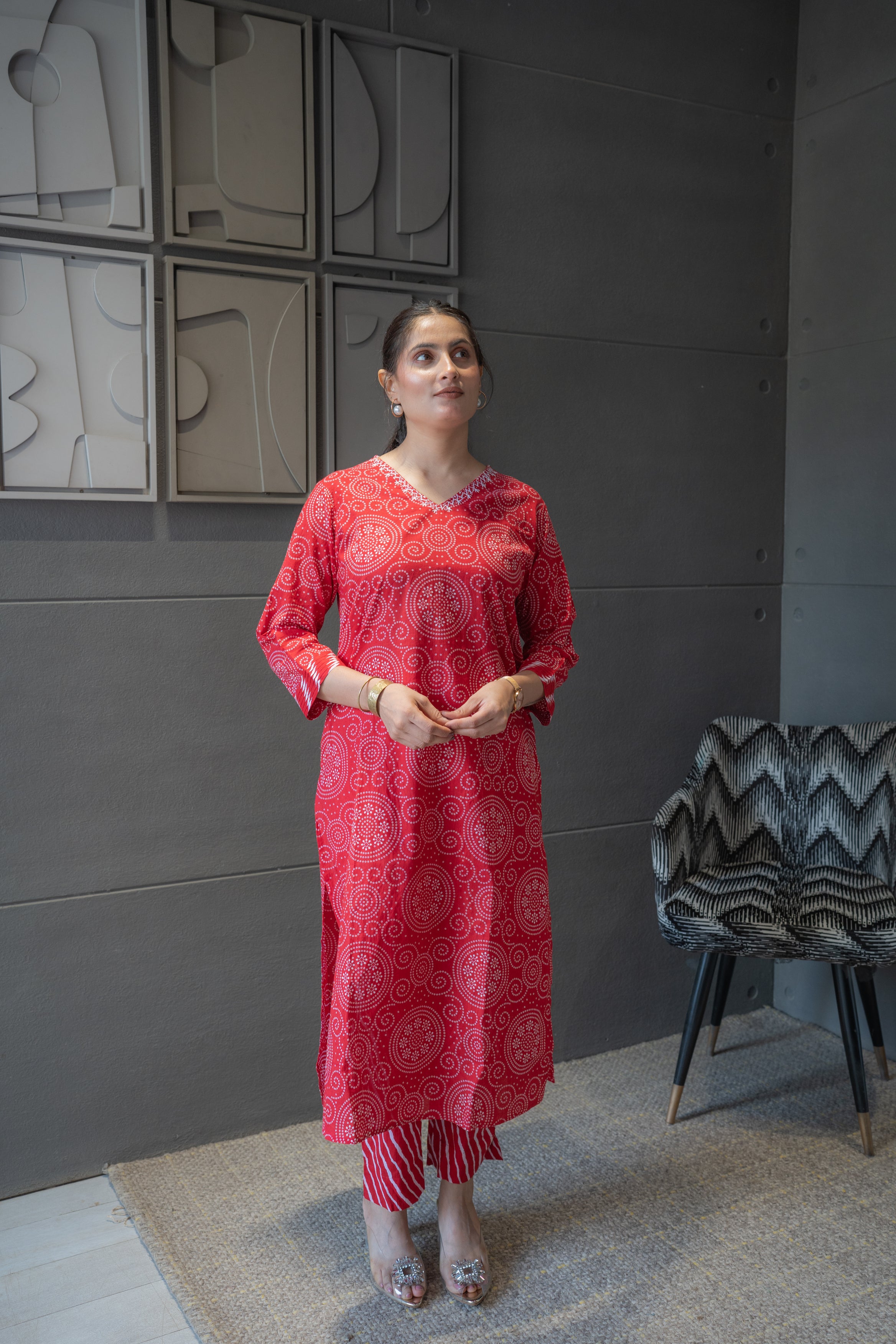 Red Bandhej Rajasthani Kurta Set