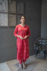 Red Bandhej Rajasthani Kurta Set
