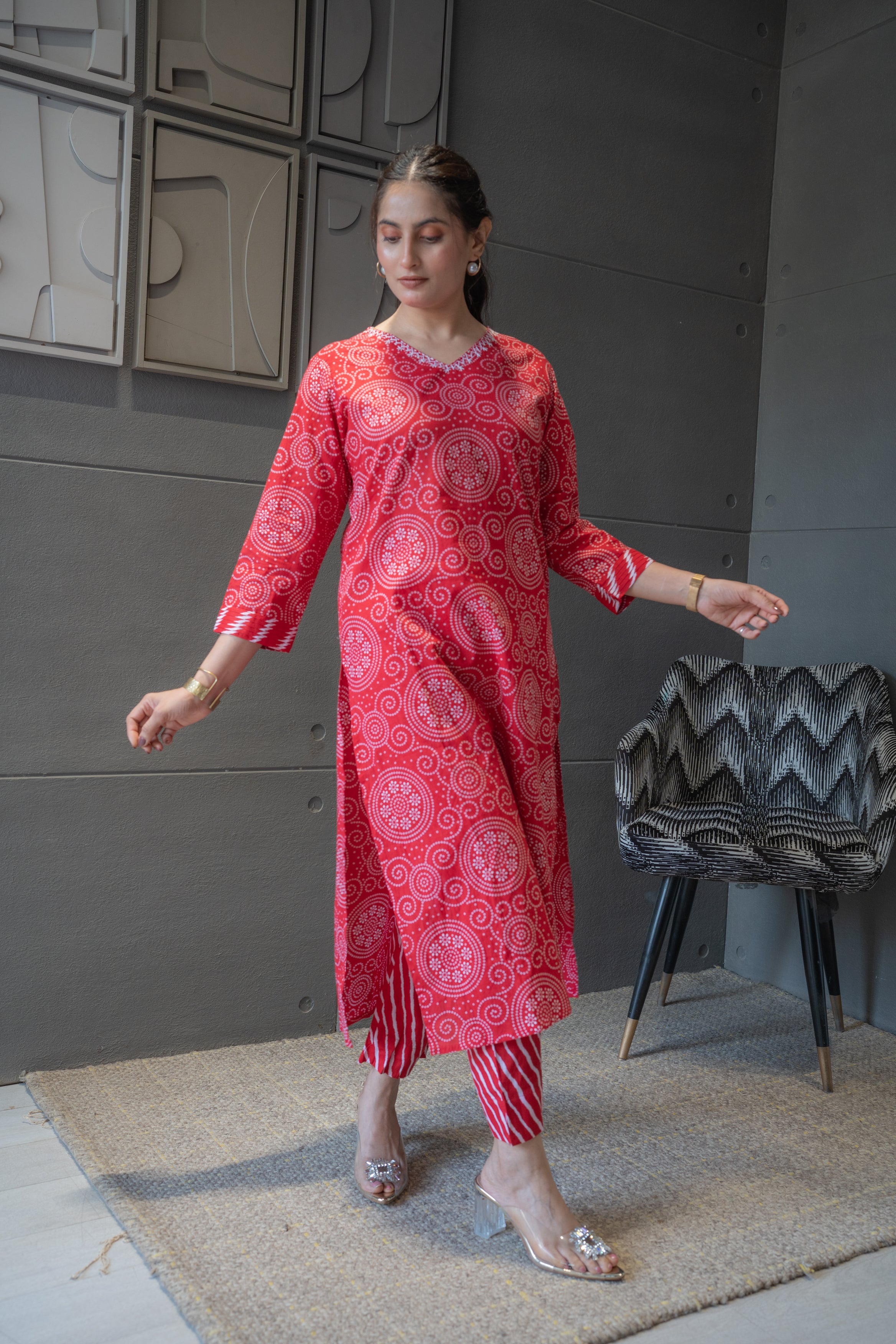 Red Bandhej Rajasthani Kurta Set