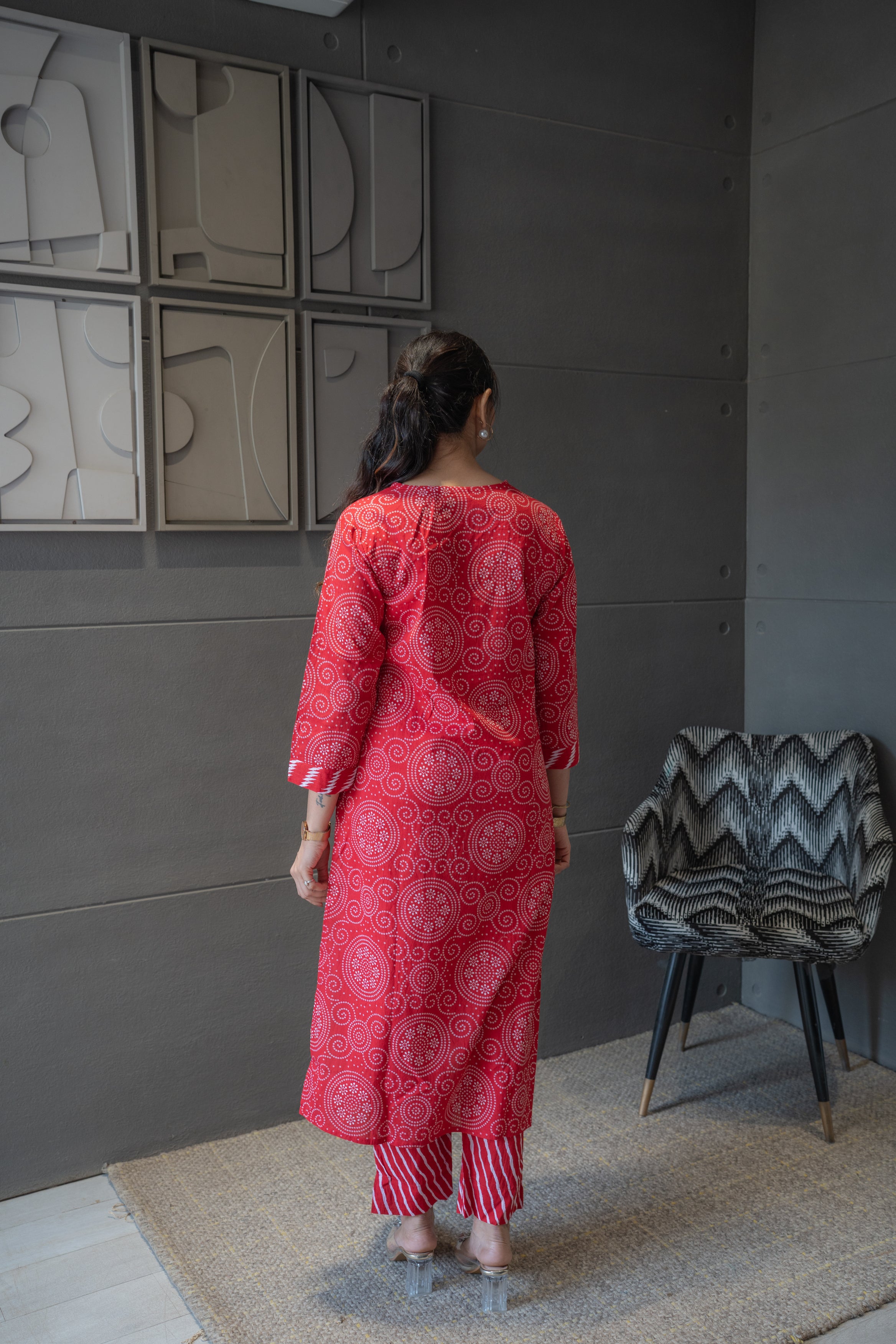 Red Bandhej Rajasthani Kurta Set