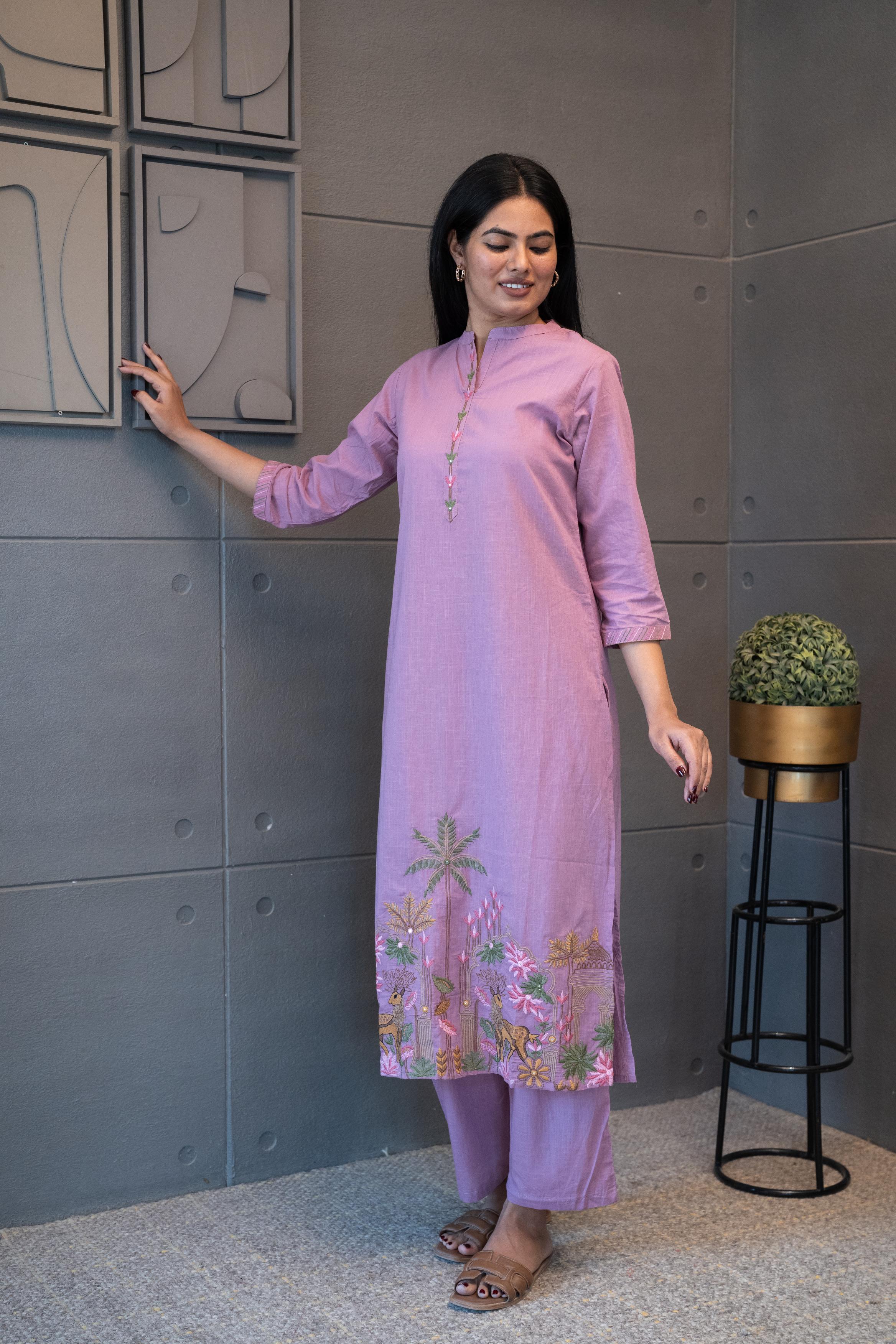 Soft lavender embroidered kurta set – Tanauri ethnic wear