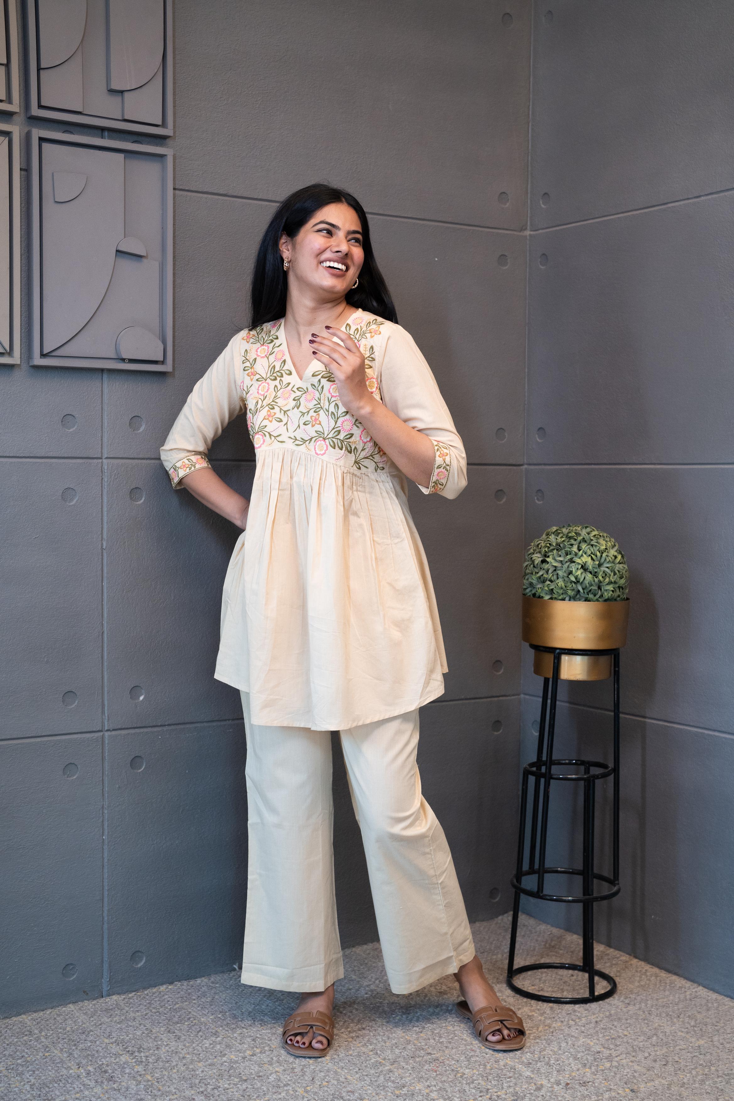 Coral Eade Co-Ord Set – cream multicolour floral embroidered cotton outfit by Tanauri.