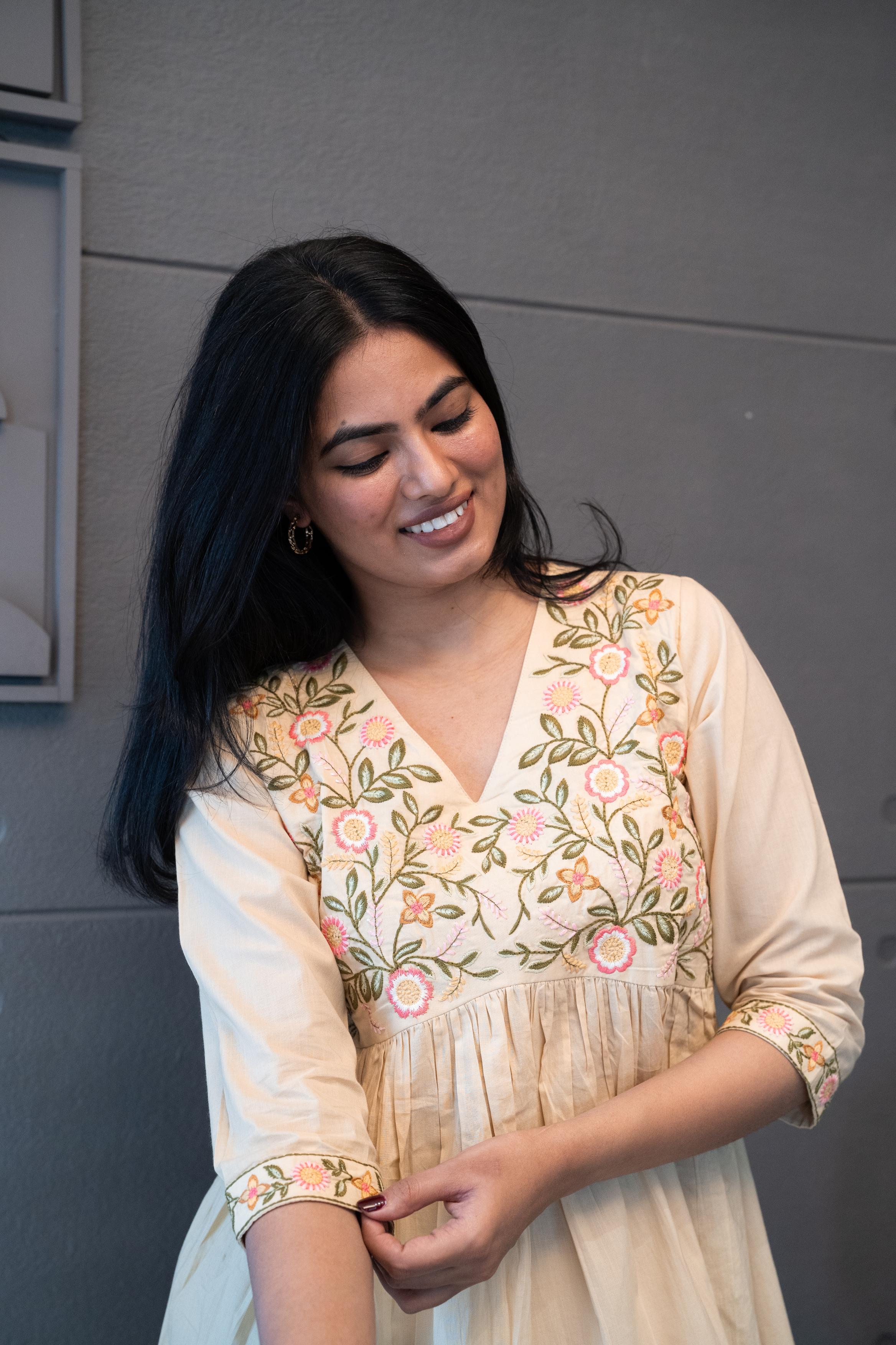 Tanauri Coral Ease Co-Ord Set – elegant cream multicolour embroidered cotton outfit for everyday sophistication.